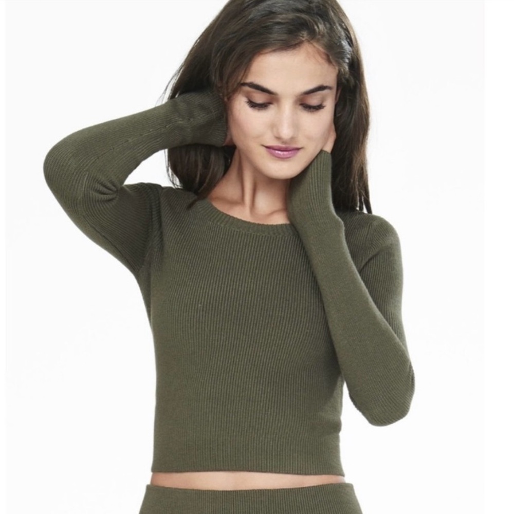 EXPRESS Long Sleeve Ribbed Crop Crewneck Sweater Top